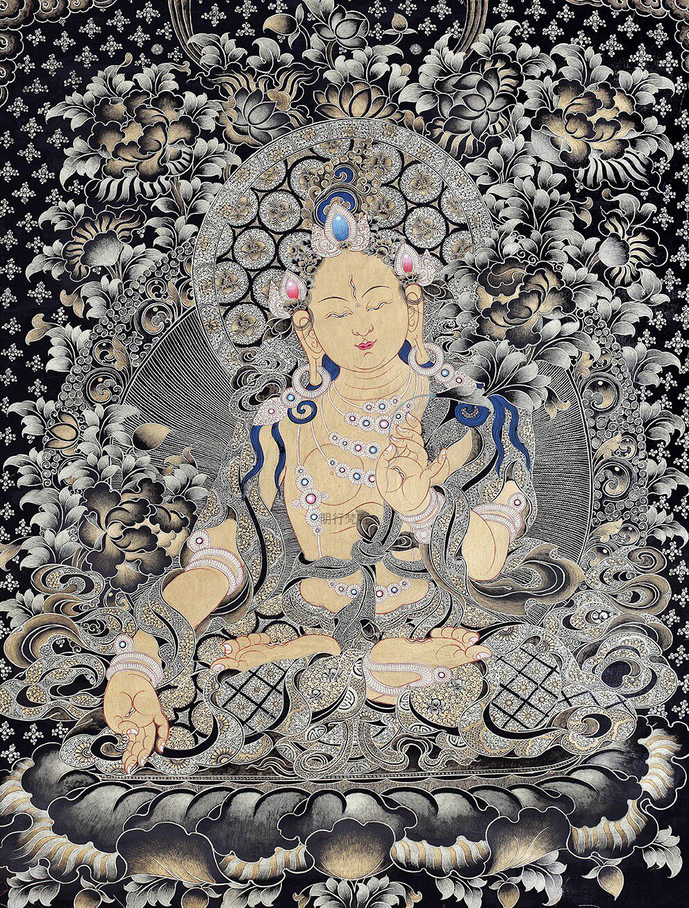 唐卡描金白度母描金线画稿diy手绘唐卡佛像涂色装饰画黑唐卡