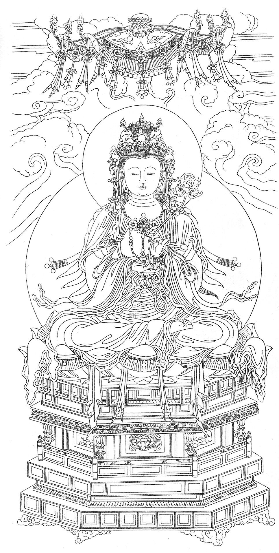 唐卡描金如意观音菩萨人物线稿手绘佛像静心减压涂色工具diy礼物