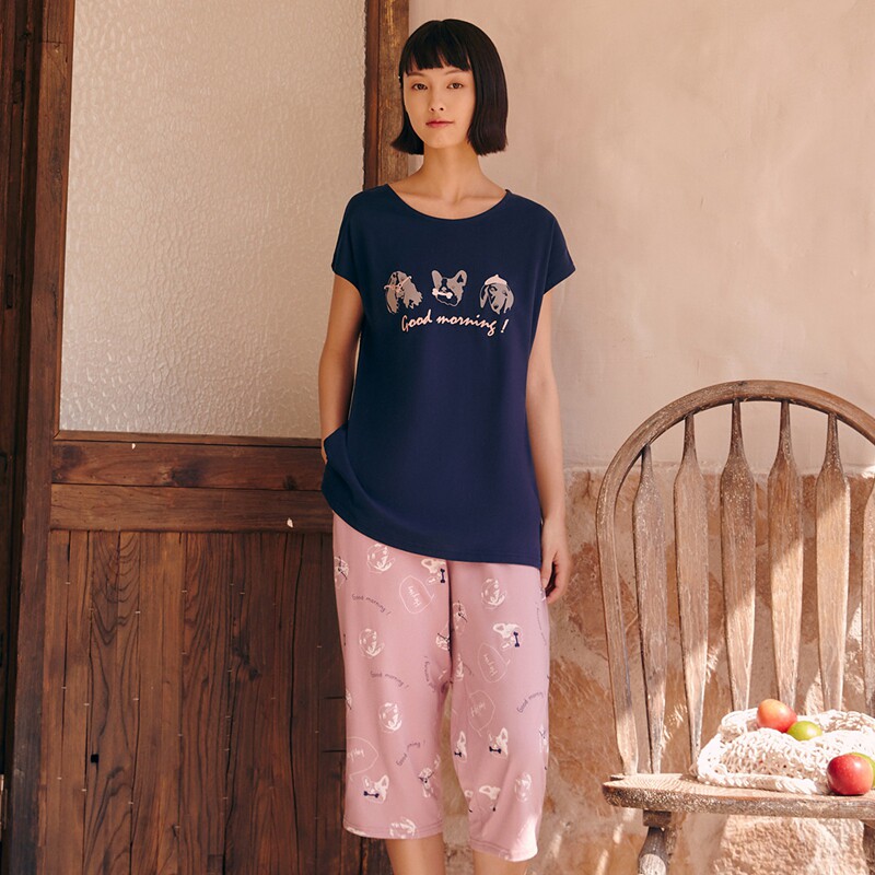 三枪女全棉短袖短裤睡衣裤家居服
