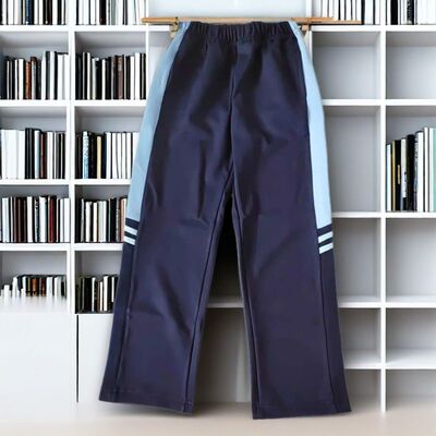 中小学生深藏青色校服裤子纯棉秋夏款浅蓝宽条三短杠束脚运动校裤