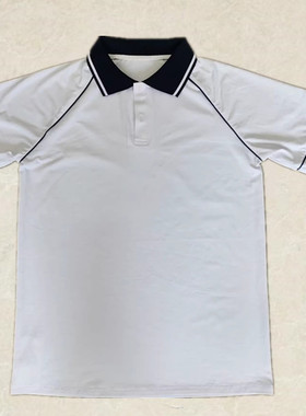初高中学生校服短袖纯棉T恤小学生拼蓝条白色翻领班服POLO衫上衣