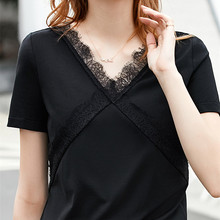 宽松ins洋气休闲体恤上衣 V领拼接蕾丝短袖 t恤女欧美大码 2019乐动体育下注