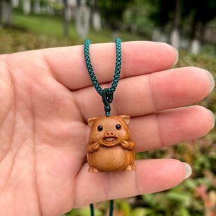 绿檀木雕亥猪实木挂件随身新中式吊坠钥匙扣手机链木质本命年小猪