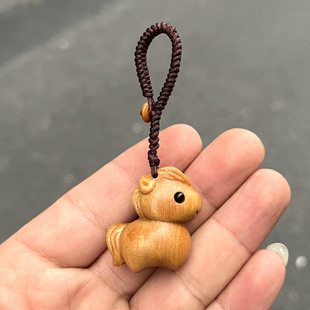 实木生肖木马吊坠挂件钥匙孔手机链木质随身新中式 饰 黄色木头马装