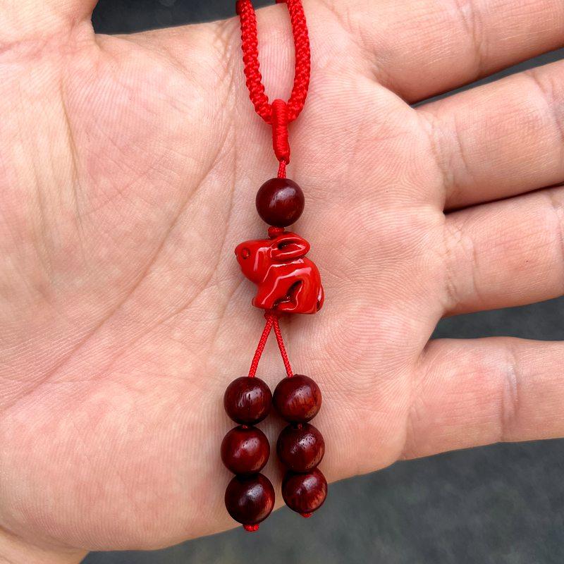 红色木质兔子吊坠紫檀木十二生肖小兔子木头新中式木头卯兔子挂件