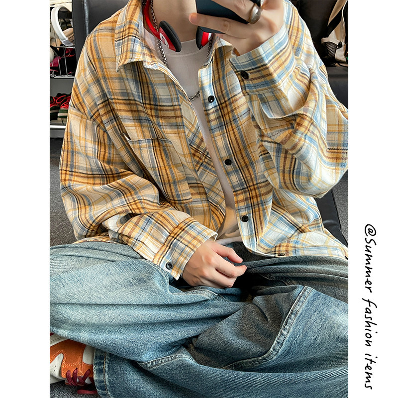 美式复古格子衬衫男生春秋季叠穿中性情侣款潮牌宽松长袖衬衣外套，男装衬衫，电商A007