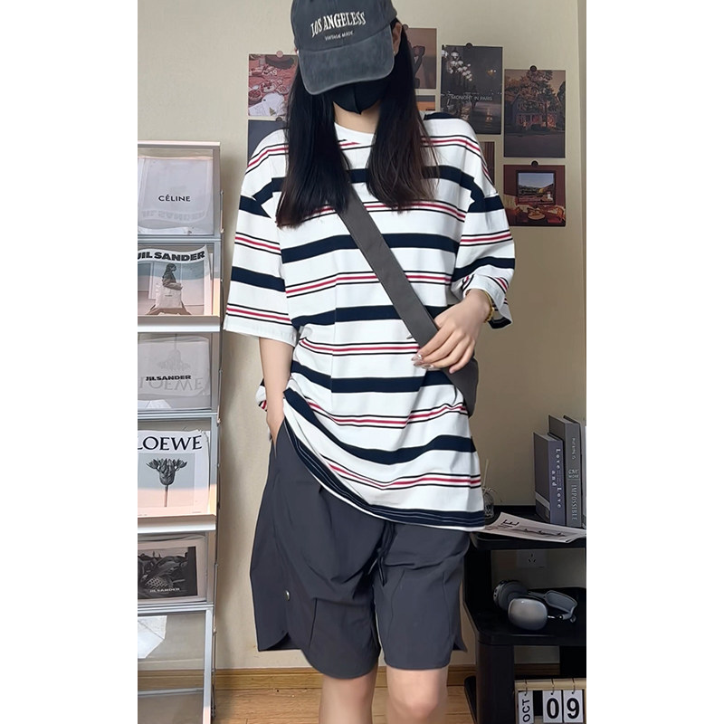 夏季潮流条纹宽松圆领短袖T恤男女百搭上衣T3602-P30【特价】,男装T恤,电商A007