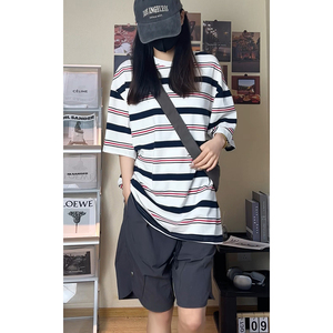 夏季潮流条纹宽松圆领短袖T恤男女百搭上衣T3602-P30【特价】图片