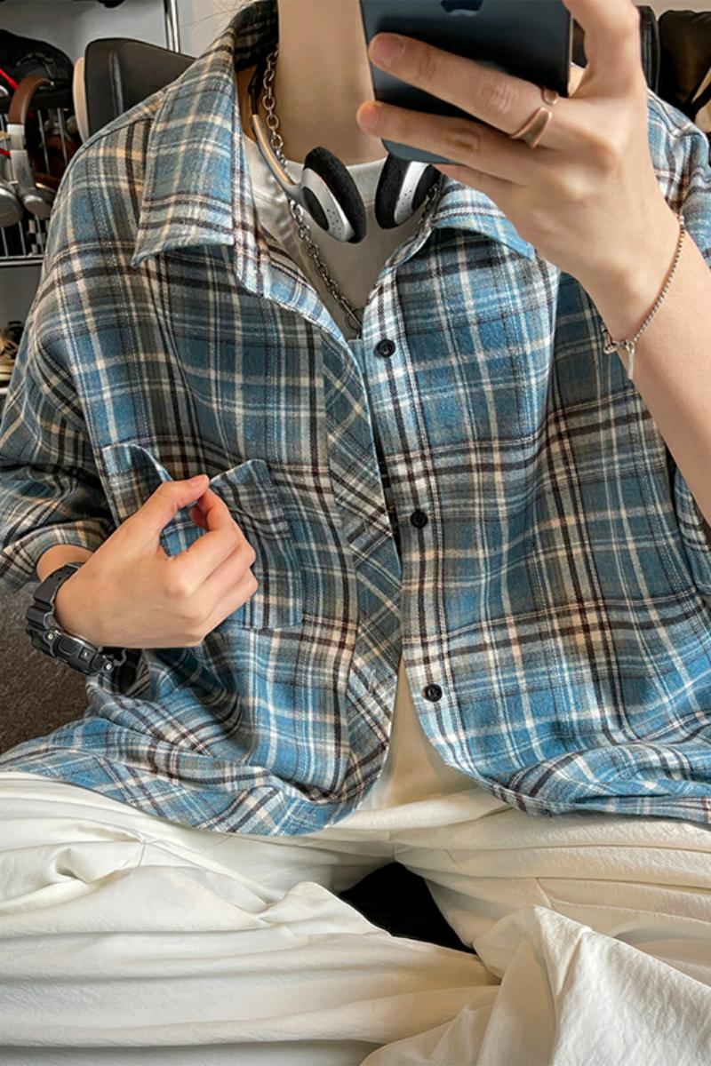 红蓝格子衬衫男长袖春秋2025新款高级感日系cityboy春秋衬衣外套,男装衬衫,电商A007