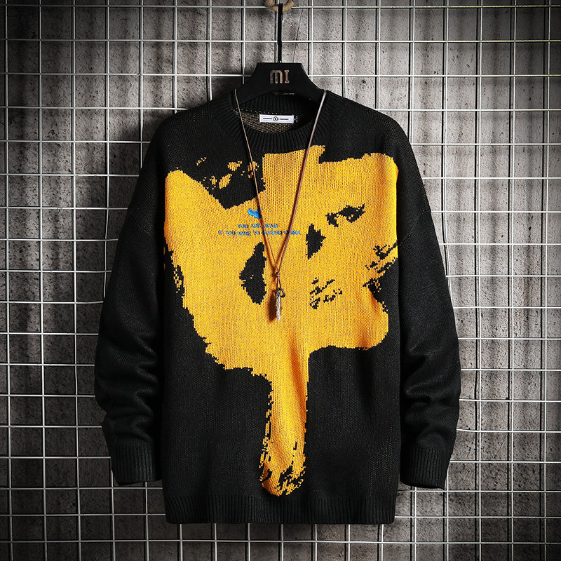 Japanese mesh hanging beat crew neck men's sweater Pullover knitting casual printing