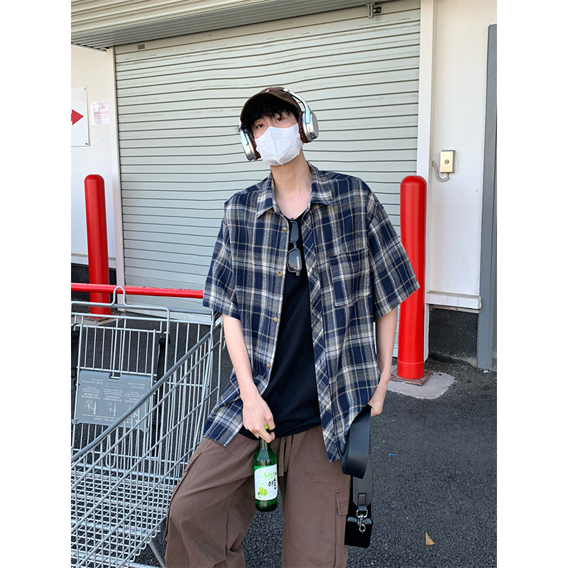 韩版潮流复古格子大码翻领短袖衬衫内搭外套DC2223-P26【特价】,男装衬衫,电商A007