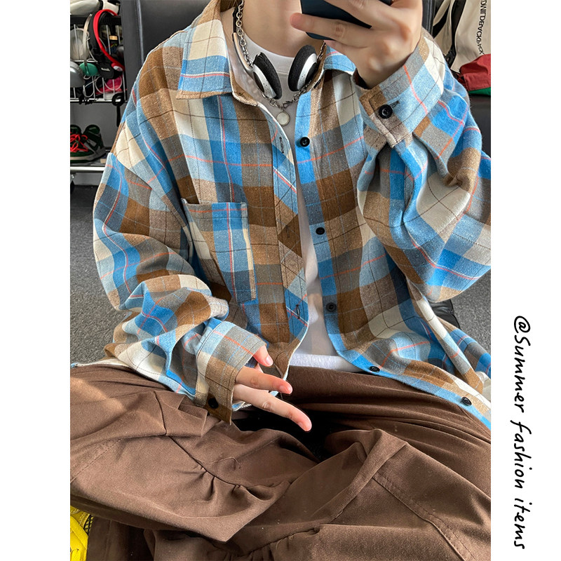 浅绿色格子长袖衬衫男秋季懒惰松弛感穿搭格纹上衣情侣款休闲外套，男装衬衫，电商A007