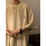 军绿色t恤男短袖夏季重磅美式复古麂皮绒半袖潮牌圆领宽松五分袖，男装T恤，电商A007