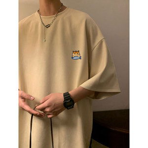 军绿色t恤男短袖夏季重磅美式复古麂皮绒半袖潮牌圆领宽松五分袖图片