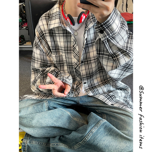 黑白格子衬衫男款长袖高级感痞帅青少年vintage美式格纹衬衣外套图片