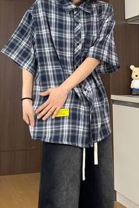 夏季潮流复古格子大码贴标休闲男短袖衬衫C2175-P27【特价】图片