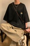 军绿色t恤男短袖夏季重磅美式复古麂皮绒半袖潮牌圆领宽松五分袖，男装T恤，电商A007