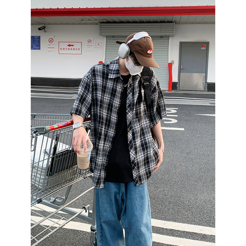 韩版潮流复古格子大码翻领短袖衬衫内搭外套DC2219-P26【特价】,男装衬衫,电商A007