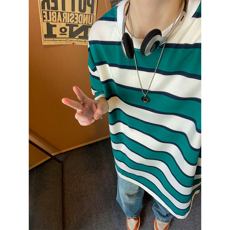 夏季潮流条纹宽松圆领短袖T恤男女百搭上衣T3601-P30【特价】,男装T恤,电商A007