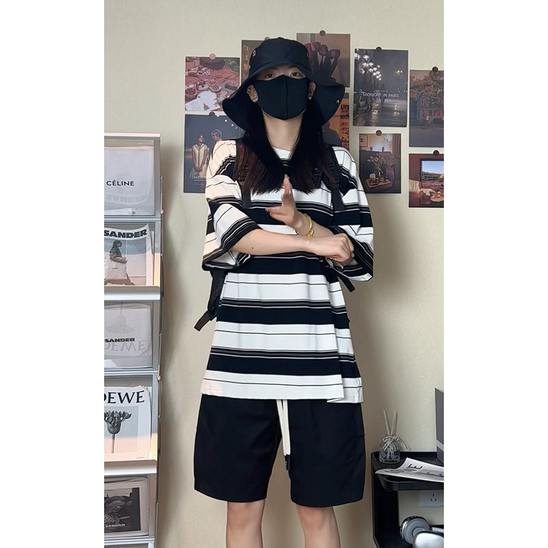 夏季潮流条纹宽松圆领短袖T恤男女百搭上衣T3602-P30【特价】,男装T恤,电商A007