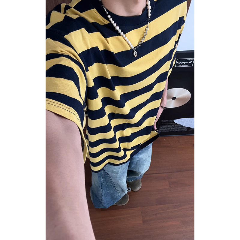 美式复古条纹短袖t恤男士ins潮牌夏季设计感小众vintage宽松大码，男装T恤，电商A007