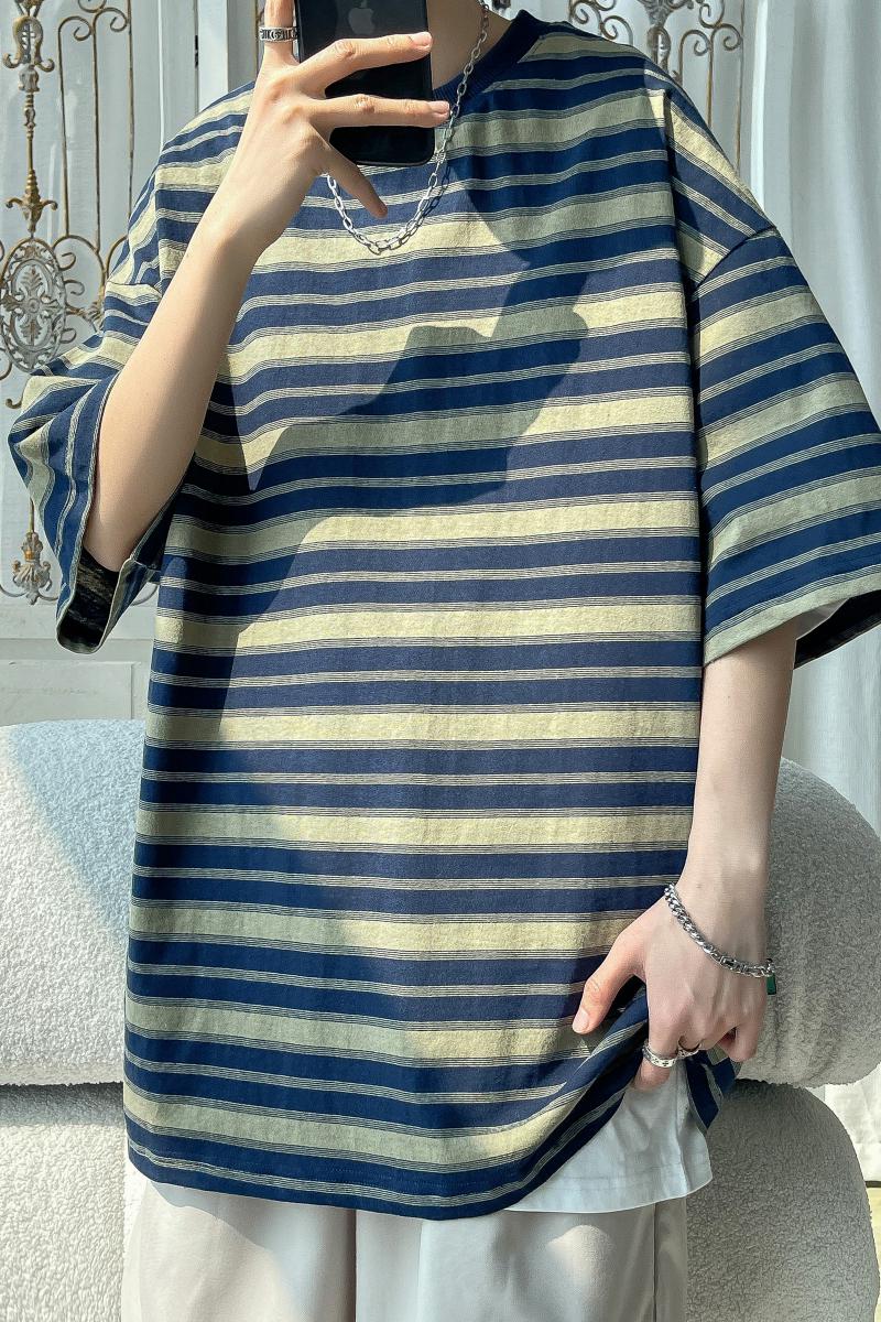 2023夏季潮流休闲圆领复古大码条纹短袖T恤T3393-P38-z,男装T恤,电商A007