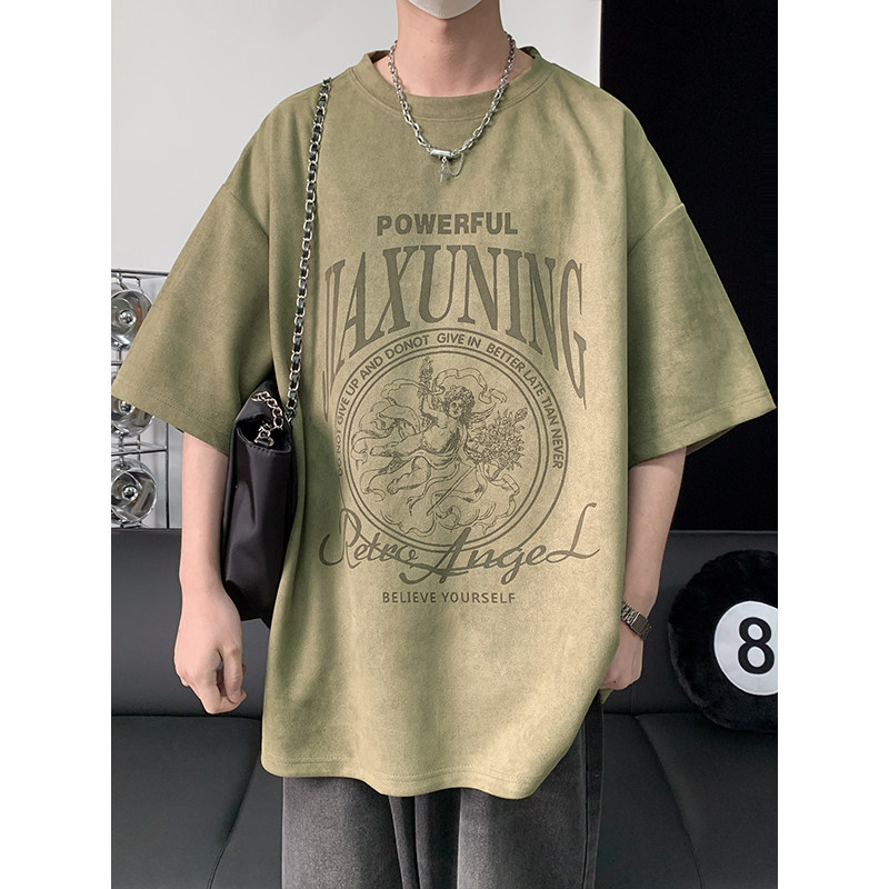 港风夏季纯色大码休闲美式麂皮绒烫花短袖T恤T3504-P23【特价】图片