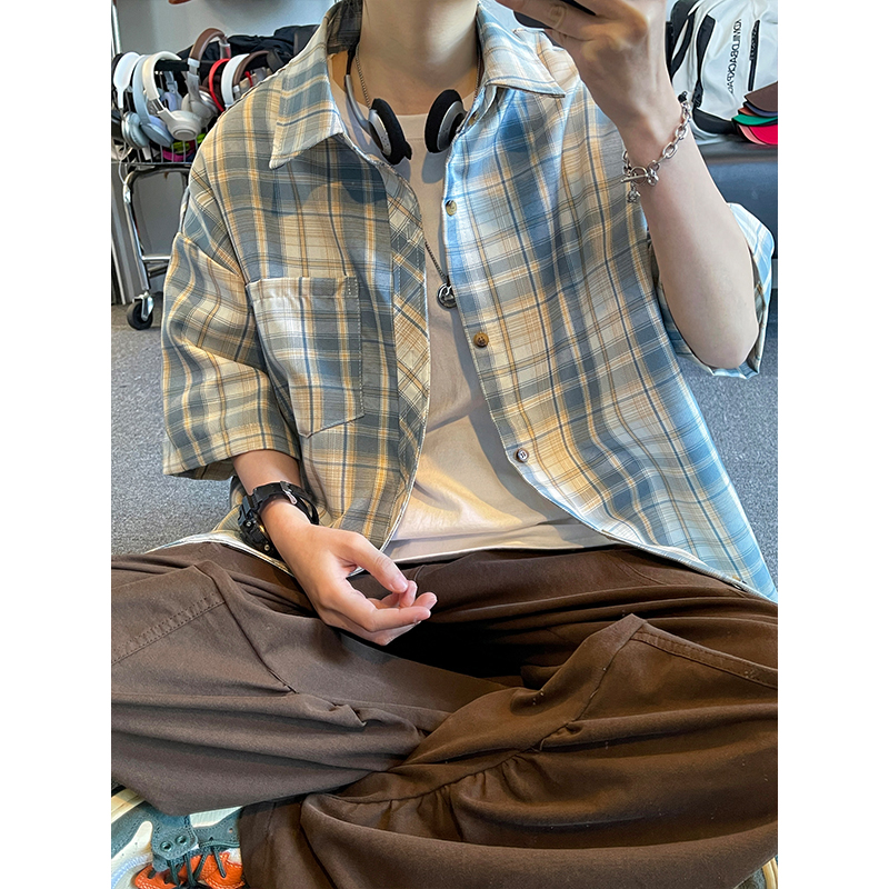 港风复古休闲大格子翻领宽松短袖衬衫外套衬衣C2226-特批P29，男装衬衫，电商A007