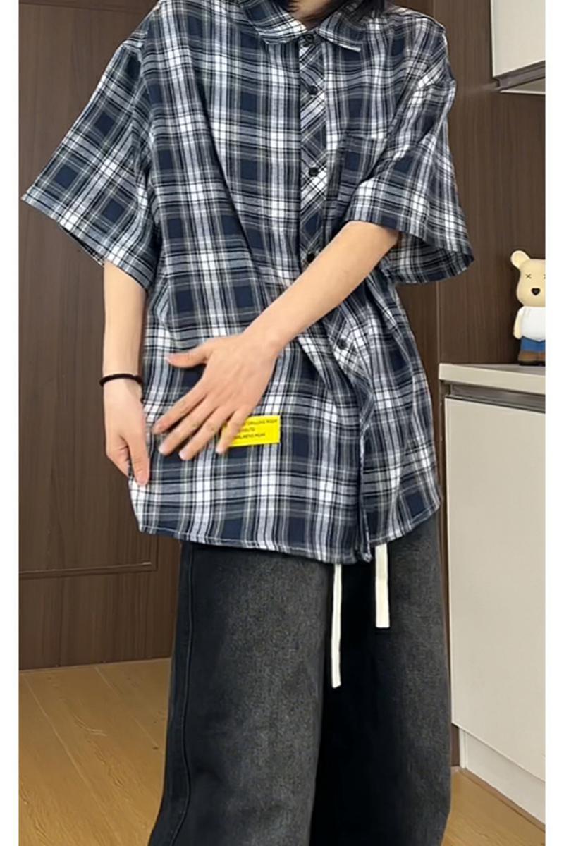 日系慵懒风衬衫男短袖格子夏季薄款2025新款设计感大码潮牌衬衣服,男装衬衫,电商A007