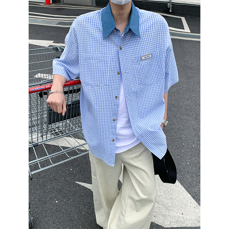 夏季港风Cityboy贴标牛仔领撞色格子短袖衬衫DC2217-P38【特价】图片