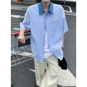 夏季港风Cityboy贴标牛仔领撞色格子短袖衬衫DC2217-P38【特价】图片