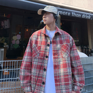 小香风格子外套男生春秋季美式复古长袖衬衫高街潮牌宽松翻领夹克图片