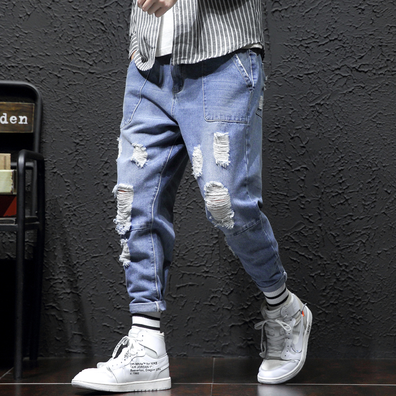 Black Wall Wind New Spring Japanese Large Size Loose Hole Nine-cent Jeans Male [Control 88]