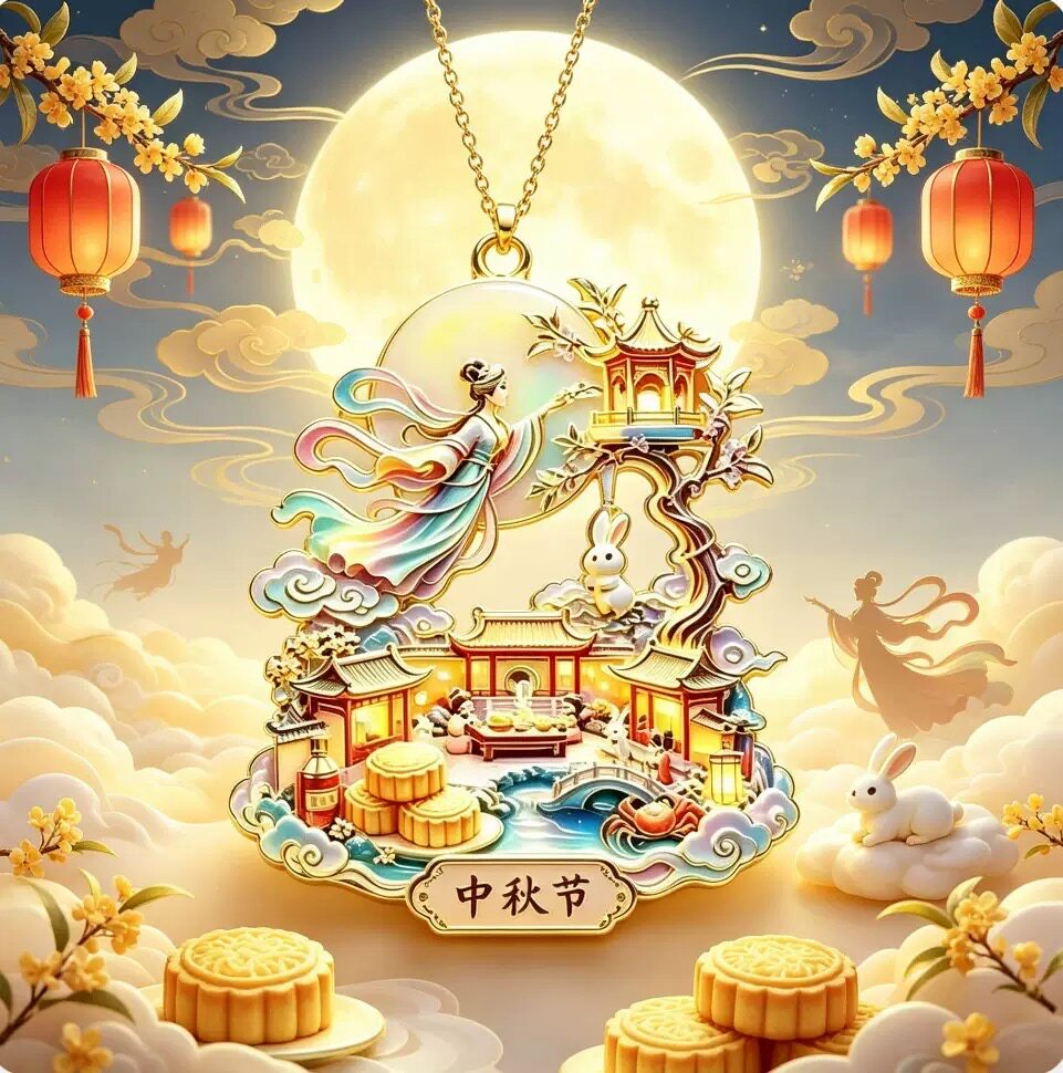 中秋月宫仙境吊坠嫦娥玉兔国潮珐琅挂饰中秋节纪念项链男女通用