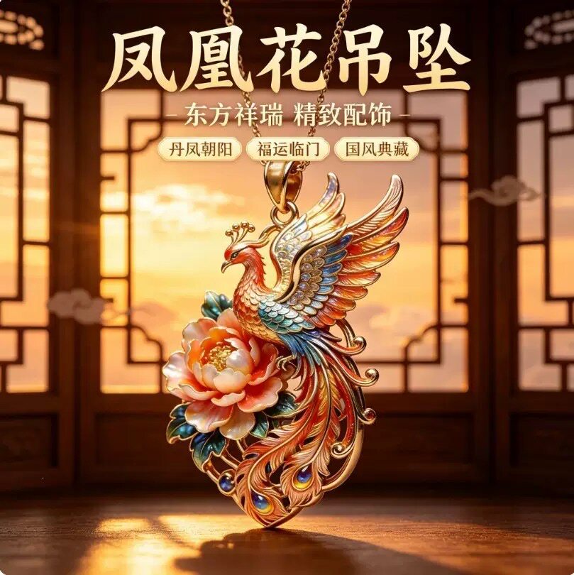 牡丹凰韵古风项链珐琅彩吊坠18k金色非遗錾刻凤凰吊坠送妈妈礼物