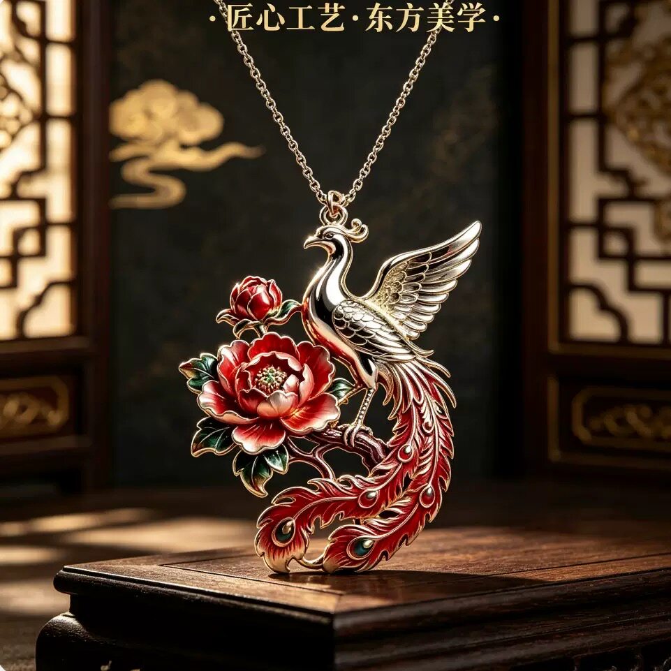 新中式牡丹栖凤镂空彩釉吊坠珐琅彩复古风吉祥富贵时尚精致项链颈