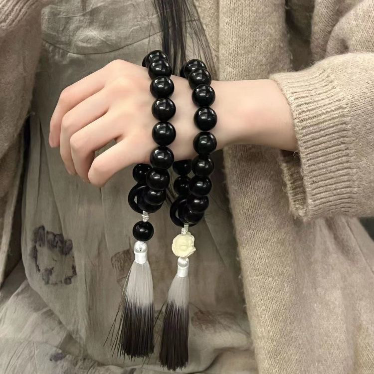 天然黑曜石醒狮手持男女小众盘玩佛珠念珠手链绕指柔跑环流苏手串