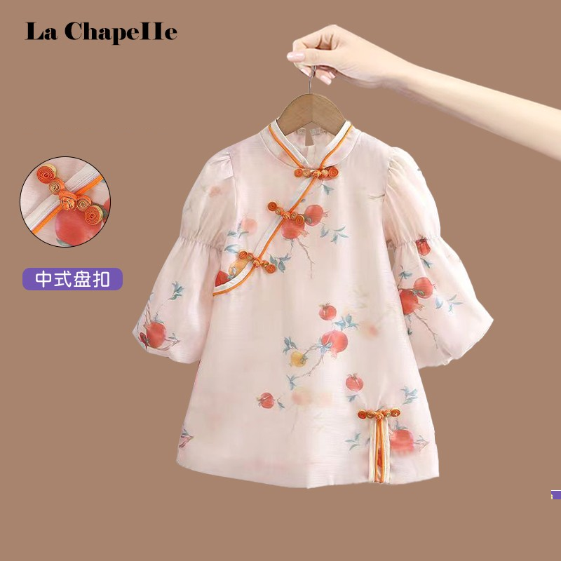 拉夏贝尔女童连衣裙春秋新款甜美系旗袍裙女宝宝国潮古风石榴裙