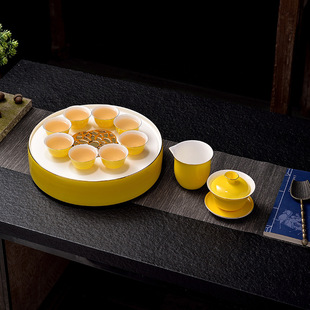 10英寸茶盘茶船皮盒套装潮汕正骨瓷陶瓷茶台功夫茶具家用办公送礼