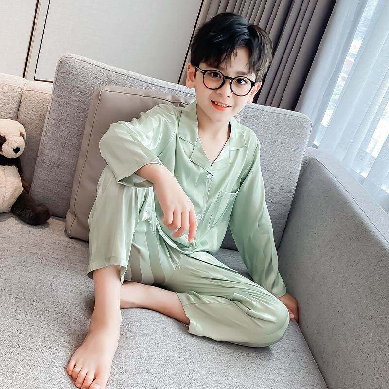 儿童睡衣男童春秋长袖薄款冰丝男孩夏季中大童真丝空调家居服套装