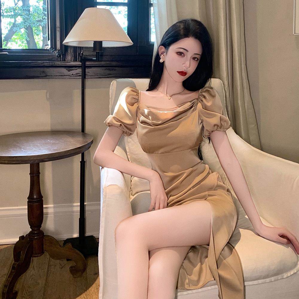 潮牌夏季新款女装法式气质精致优雅高级感性感开叉泡泡袖连衣裙女