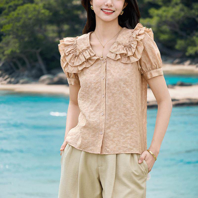 天丝衬衫女夏款短袖新款2025法式气质别致宽松设计感娃娃领上衣女