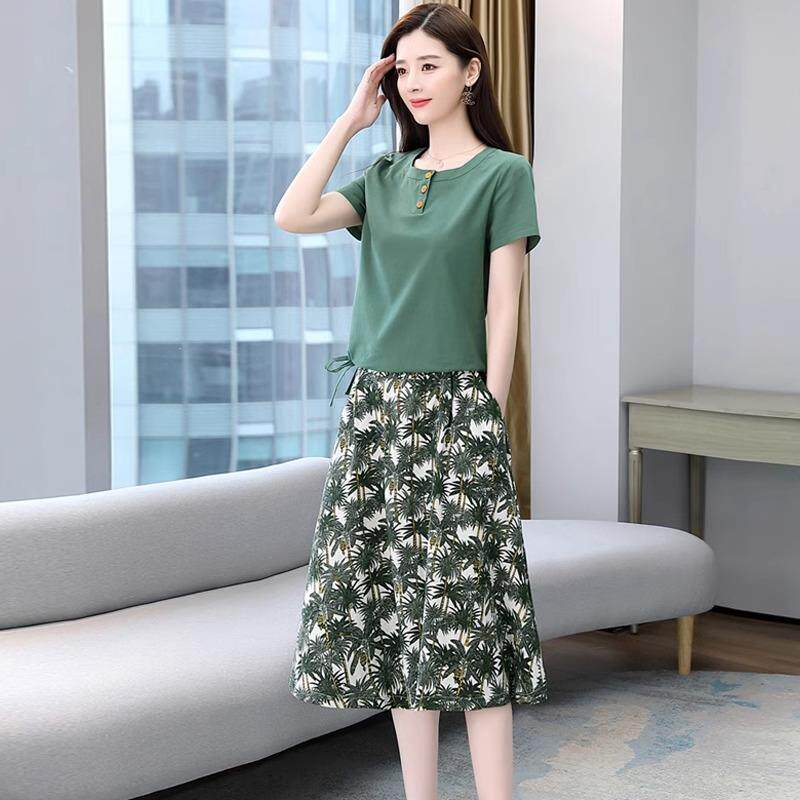 欧洲站女夏季大码棉麻半身裙套装小个子优雅薄款亚麻妈妈裙两件套