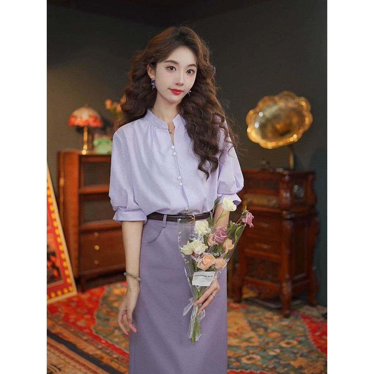 欧洲站2025夏季港风复古时髦洋气套装裙通勤时尚衬衫半身裙两件套