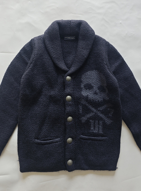 HYDROGEN复古风男士骷髅头针织开衫毛衣翻领纽扣粗针保暖潮羊毛衫