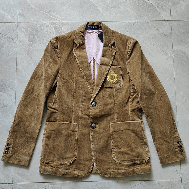 hydrogen正品男装休闲西装灯芯绒纯棉修身男外套春秋款刺绣西服