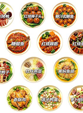 国风宴席名菜玻璃冰箱贴北京烤鸭糖醋鱼美食插画磁吸贴厨房装饰