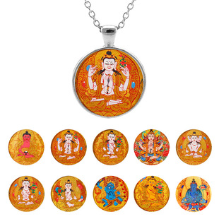跨境热销 唐卡佛像黄色系西藏财神 DIY时光宝石玻璃贴片吊坠项链