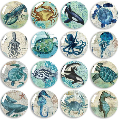 跨境复古木纹海洋动物系列玻璃水晶海龟海豚章鱼软磁冰箱贴磁贴