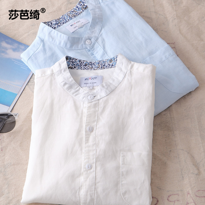 潮男装棉麻短袖衬衫立领男士休闲白色七分袖衬衫圆领亚麻衬衣长袖